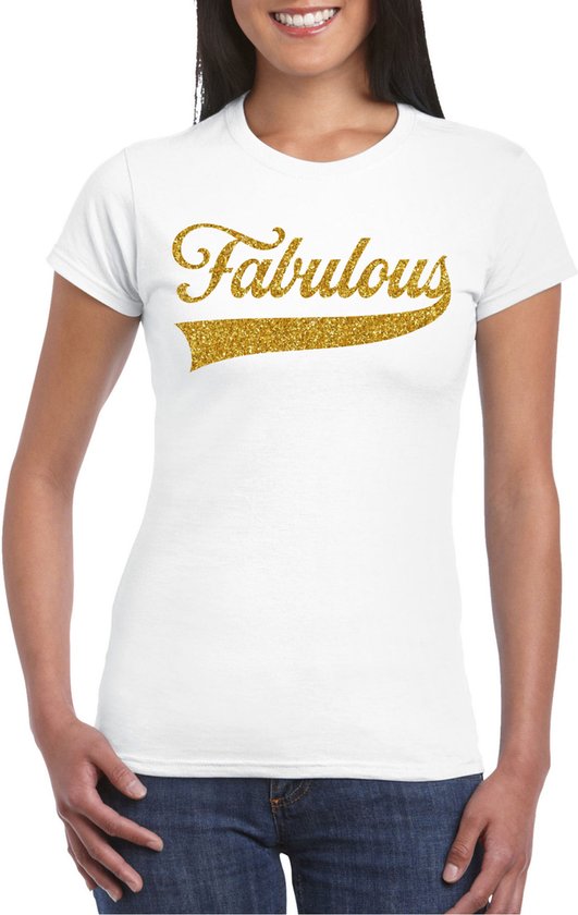 Bellatio Decorations Foute party t-shirt voor dames - Fabulous - wit - glitter - carnaval/themafeest L
