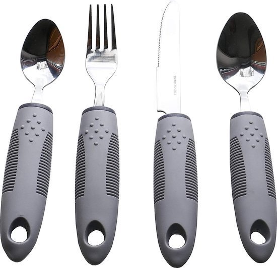 Foto: Voka bestek set verdikt handvat verdikt bestek 4 delig aangepast bestek comfortabele soft grip modern set tril bestek grip bestek grijs