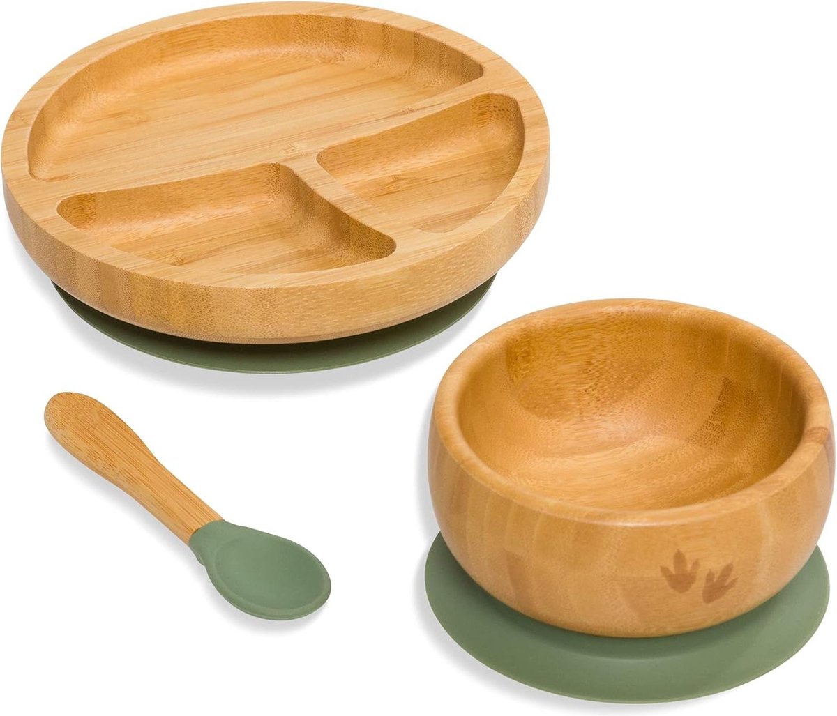 Goedkoopste Babyspenen set - bamboe borden kommen en lepels - peuter led-voeding - zuigplaat kom en lepelsets - baby's vanaf 6 maanden - Optioneel bijpassende kinderslabbetje