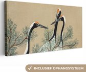 Canvas schilderij 40x20 cm - Wanddecoratie Kraanvogel - Takken - Bladeren - Japans - Muurdecoratie woonkamer - Slaapkamer decoratie - Kamer accessoires - Schilderijen