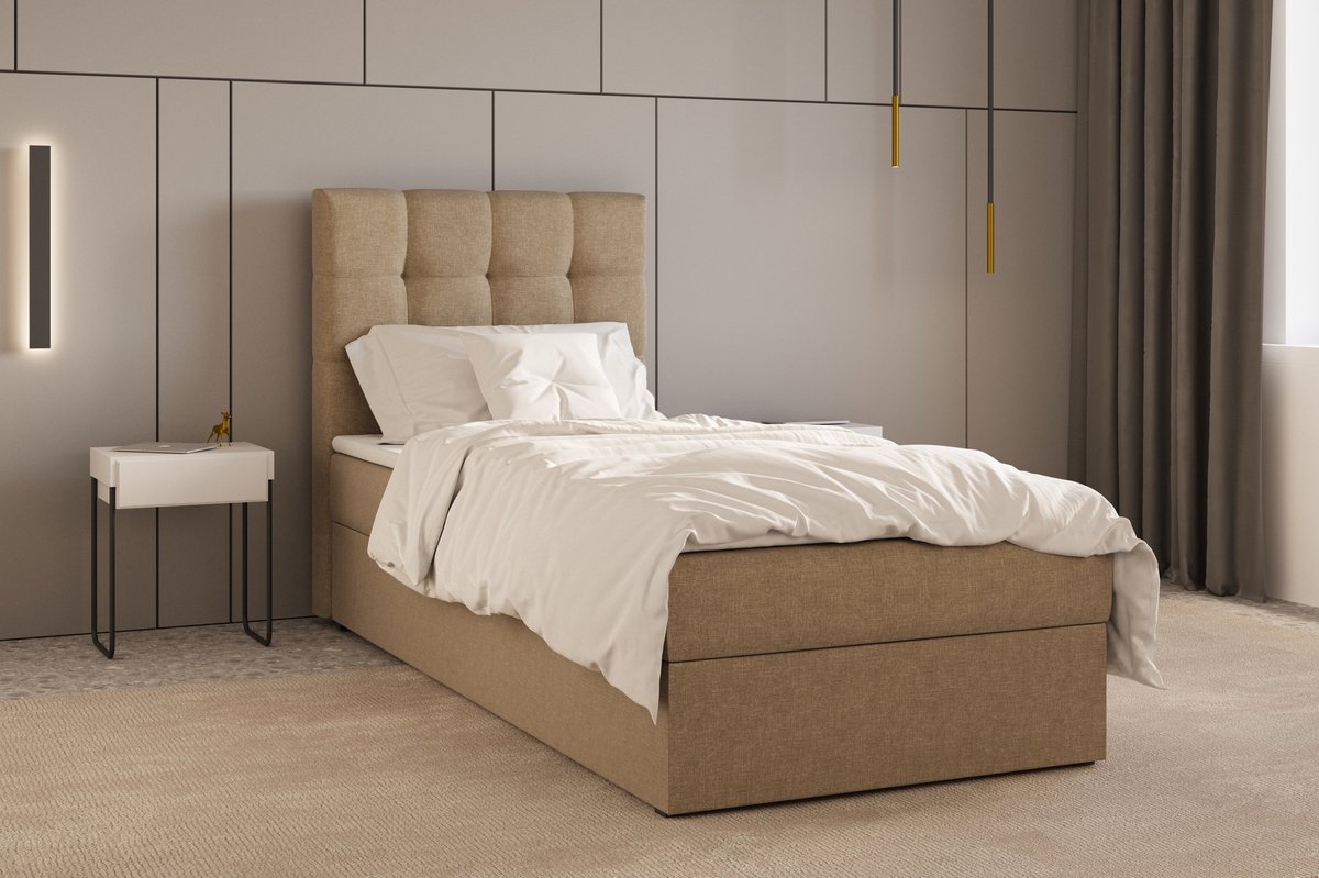 AJE Meubles B.V. Boxspring Bed 05 - Luxe en Comfort - Inclusief Topmatras - Verkrijgbaar in Meerdere Maten - Boxspringbed 05 (Cappuccino - Hugo 23, 90x200 cm)