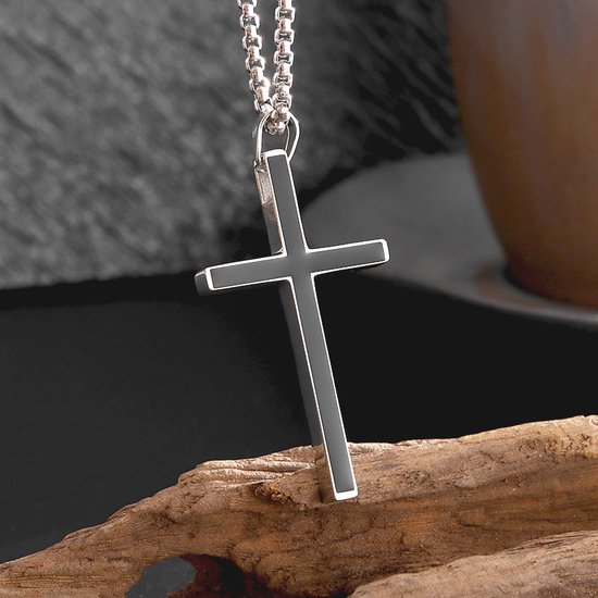 Croix cubaine pour homme - Collier croix argent plat - Collier homme - Collier homme - Collier pour homme - cadeau homme - Géométrie Gothique - Punk - sainte croix - Chaîne Jésus Argent/ noir - fine