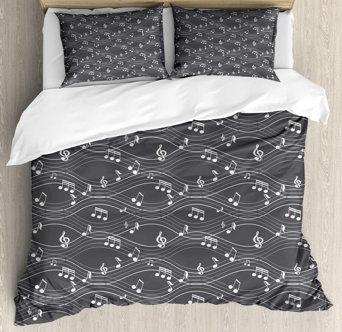 Parade Home Muziek Dekbedovertrek Set- Beddengoed Set 3 Stuks met 2 hoofdkussen- 230cmx220cm en 2x 70cmx50cm- Grijs en Wit- Unieke slaapkamer-wonen-slapen