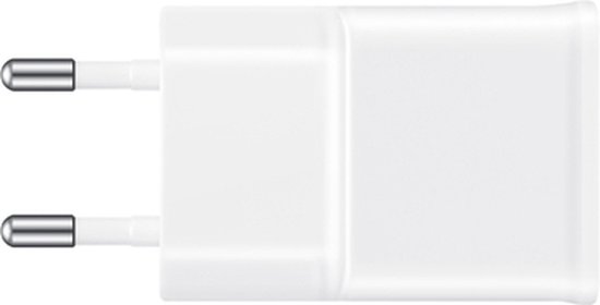Witte Samsung thuislader met twee metalen pinnetjes.