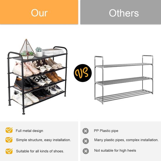 XIANGLV Schoenenrek met 4 niveaus, metalen schoenenrek, schoenenorganizer voor 12 paar, stapelbaar, anti-roest, geschikt voor slaapzaal, huurhuis, balkon