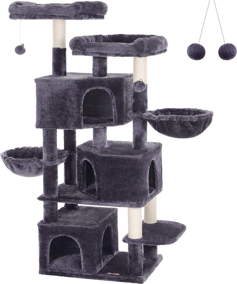 FurnStar - Kattenboom - Krabpaal groot - met 3 kattenholletjes - 164 cm kattenboom - Rookgrijs