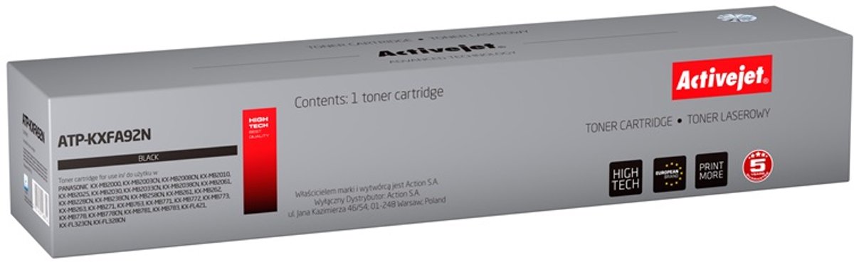 ActiveJet ATP-KXFA92N toner voor Panasonic-printer; Panasonic KXFAT92 / KXFAT411-vervanging; Opperste; 2000 pagina's; zwart.