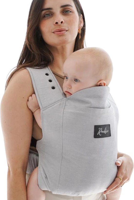 ROOKIE Baby Premium draagzak - Design buikdrager - Comfortabel en ergonomisch - Babydrager vanaf Geboorte - Ook voor Peuter - Biologisch katoen - Super zacht - Unisex: voor mama en papa (Grijs)