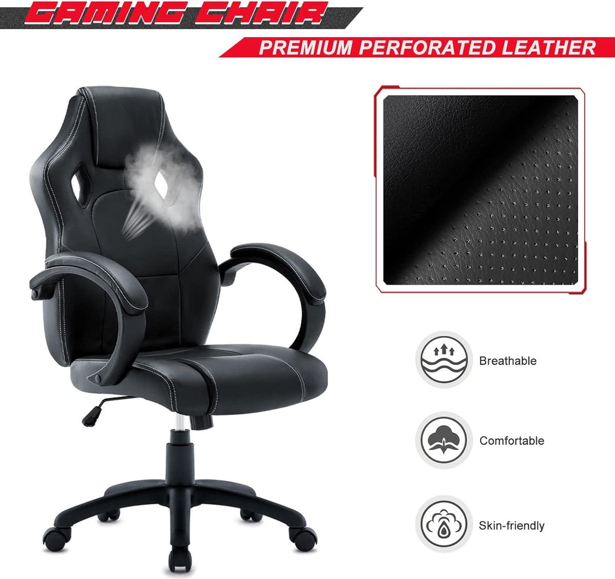 Gamingstoel, hoge rug, ergonomische PU-leer, bureaustoel, racing, sportzitting, gaming draaistoel, computerbureau, sportstoel, gaming bureaustoel, high back, directiestoel kunstleer (rood