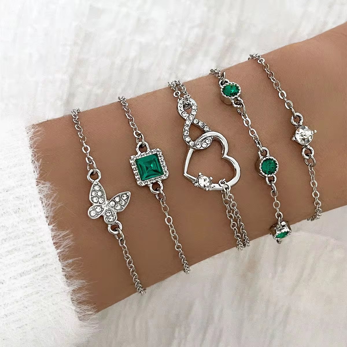 Armbanden Set Zilverkleurig - Vlinder - Hartje - Groen - Wit - 5 delig