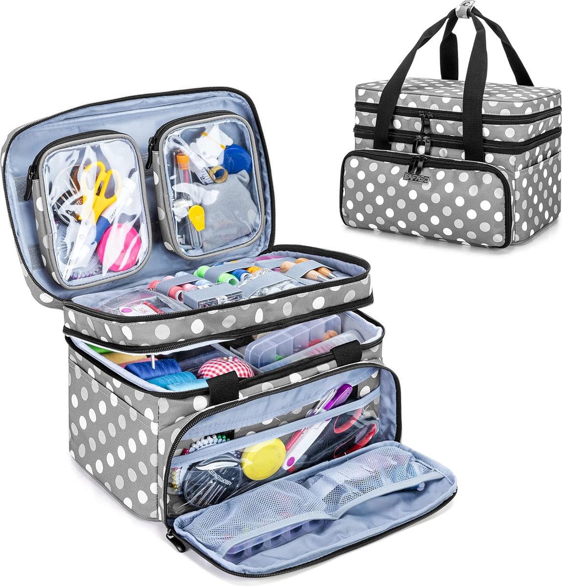 Naaimachine tas Dubbellaagse naaiset Organizer tas voor naai-accessoires met grote ruimte en veel vakken Naaiopbergtas voor haaknaalden naaigaren en naaigereedschap grijze stippen (zonder accessoires)