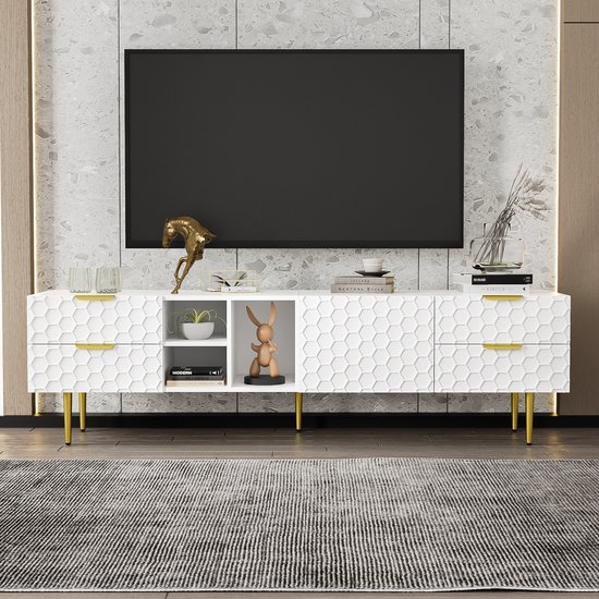 TV-meubel 170x34x45cm - Kast Met 2 Laden En 2 Deuren, Met Gegolfde Zijkanten Gouden Handgrepen En Poten In Wit Mdf