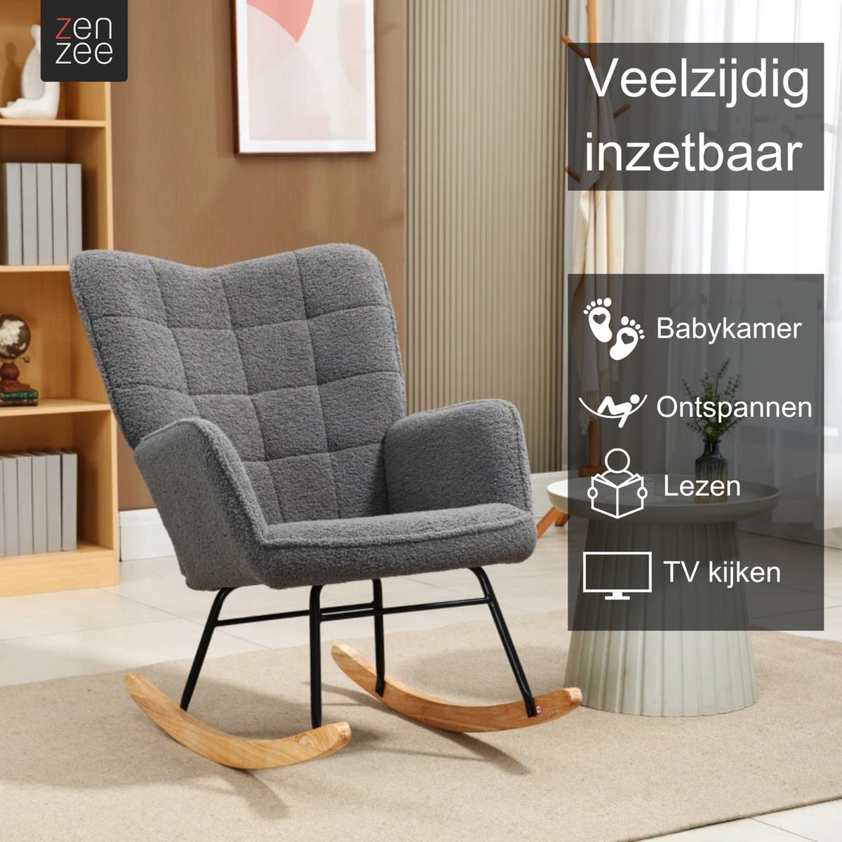 Zenzee Schommelstoel - Schommelstoelen babykamer - Relaxstoel - Fauteuil - Voedingsstoel - Donkergrijs — afbeelding 4