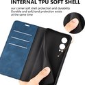Opengeklapte blauwe wallet bookcase met kaarten- en gelddrukte. Close-up van TPU soft shell.