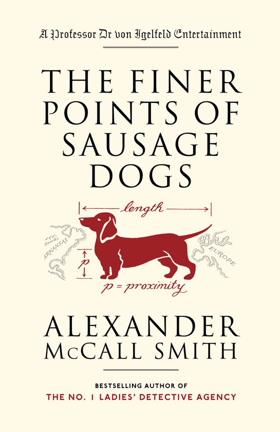 Boek "The Finer Points of Sausage Dogs" met rode dachshund illustratie, 'length' en 'p = proximity' tekst.