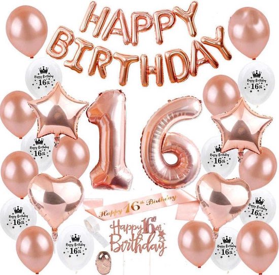 Joya Party® Sweet 16 Décoration Paquet Or Rose| Anniversaire 16 ans | Guirlande Ballons Or rose | ceinture douce seize | joyeux anniversaire