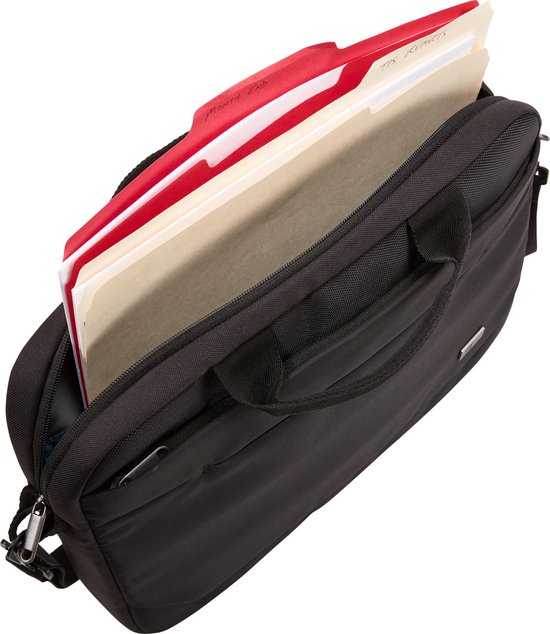 Zwarte laptoptas met open vak, met rode en beige mappen erin.