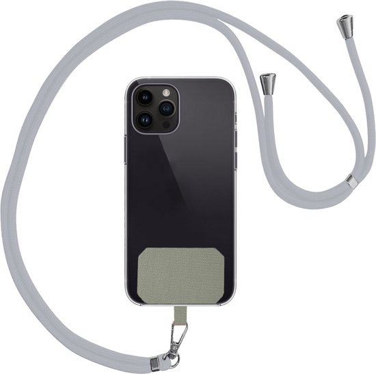 Smartphone gris foncé avec un patch carré vert pâle à l'arrière, auquel est attaché un cordon gris clair.