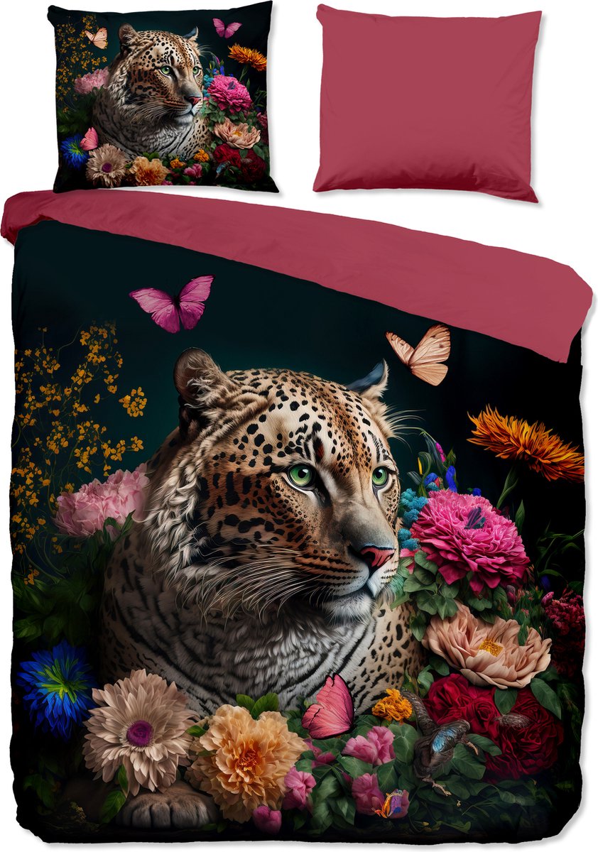 Pure dekbedovertrek luipaard met bloemen - Lits jumeaux 240x200/220 cm - Multi - Microvezel