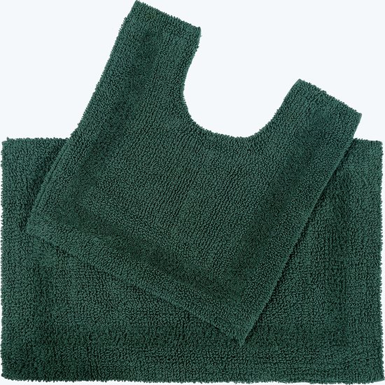 Een bosgroene badmat met een bijpassende toiletmat. Beiden van 100% katoen.