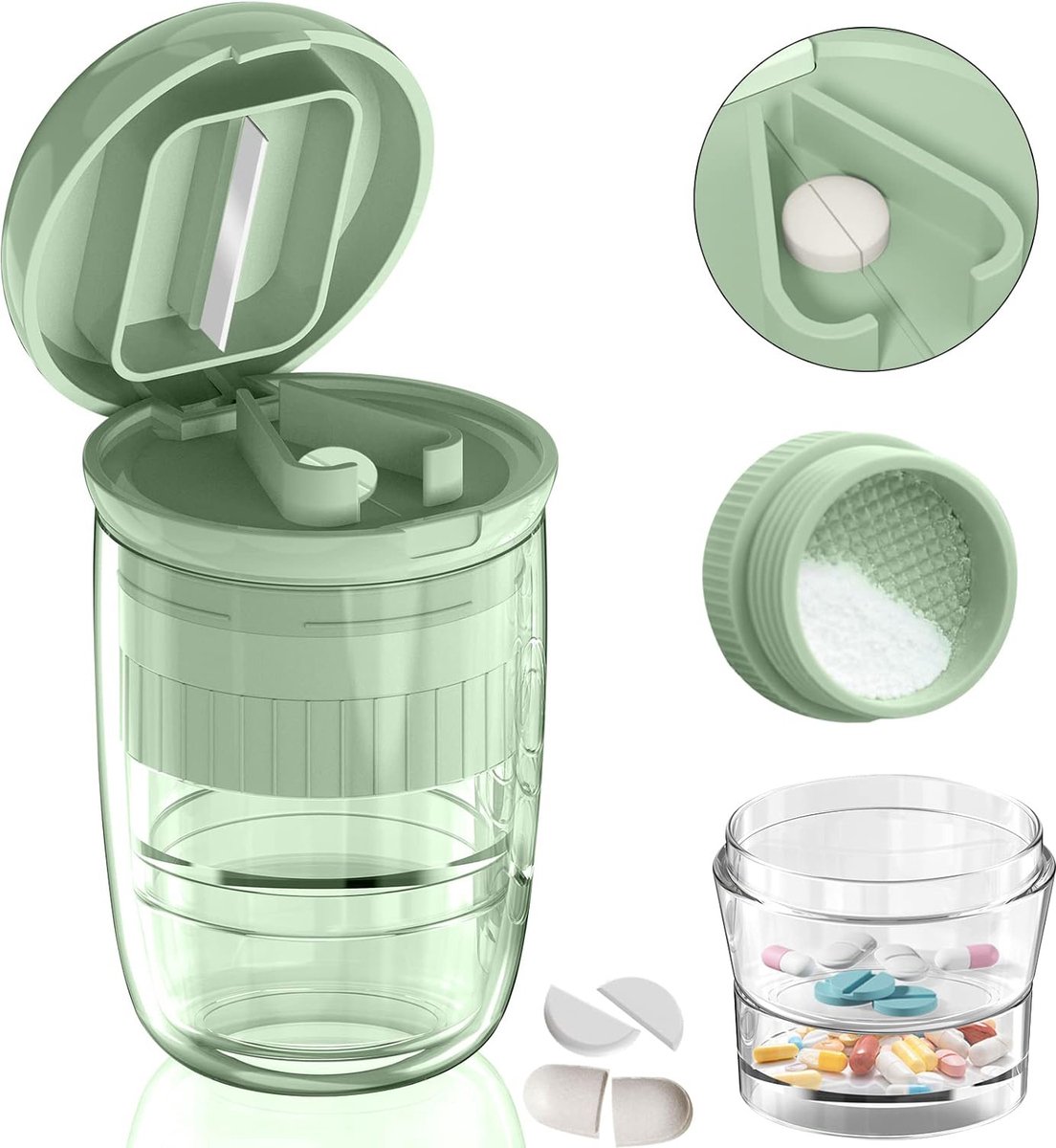 Goedkoopste ComfiCare® Pillensnijder Deluxe - 4 in 1 Pillensnijder, Pillenvergruizer, Pillen bewaardoos en Drinkbeker - Pillensnijder voor kleine en grote pillen - Verpulvert pillen, vitaminen, tabletten - Scherp RVS mes - Groen