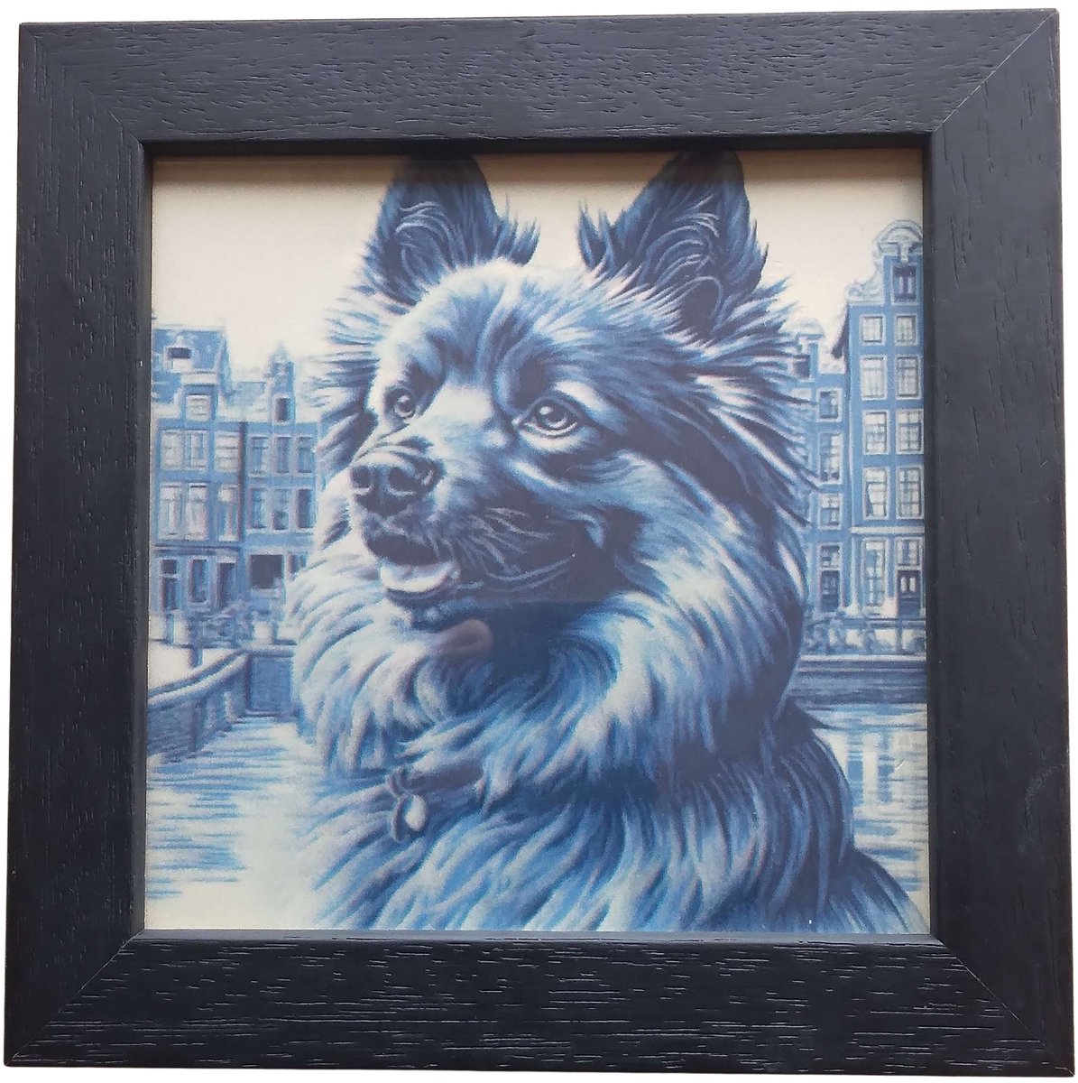 MadDeco Nederlands Fabrikaat Delfts Blauw Keeshond Amsterdam op ingelijst tegel Fries Witje 13 x 13 cm