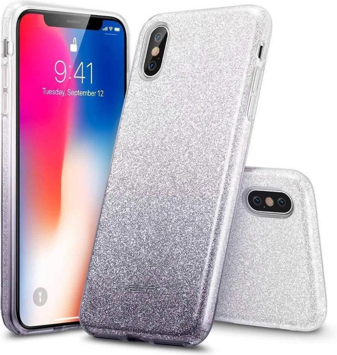 ESR iPhone X hoes zilver naar zwarte glitters chique design zacht TPU