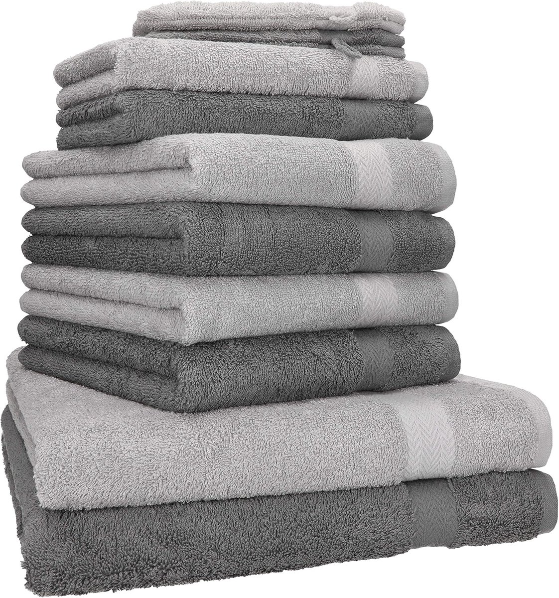 Famanu - 10 Stuks Handdoekenset PREMIUM 100% katoen 2 badhanddoeken 4 handdoeken 2 gastendoekjes 2 washandjes, kleur antracietgrijs & zilvergrijsc