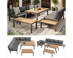 Tuinloungeset voor 6-7 personen, geschikt voor tuin, balkon, terras, weerbestendige zitgroep, eetgroep, moderne tuinmeubelset, gegalvaniseerd ijzeren frame, tafelblad met ijsemmer