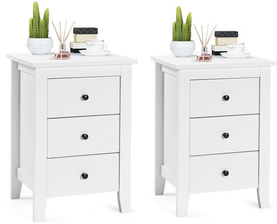 COSTWAY Set van 2 nachtkastjes met 3 laden, nachtkastje voor boxspringbed, bijzettafel, nachtkastje voor woonkamer, slaapkamer, wit, 46 x 37 x 65 cm
