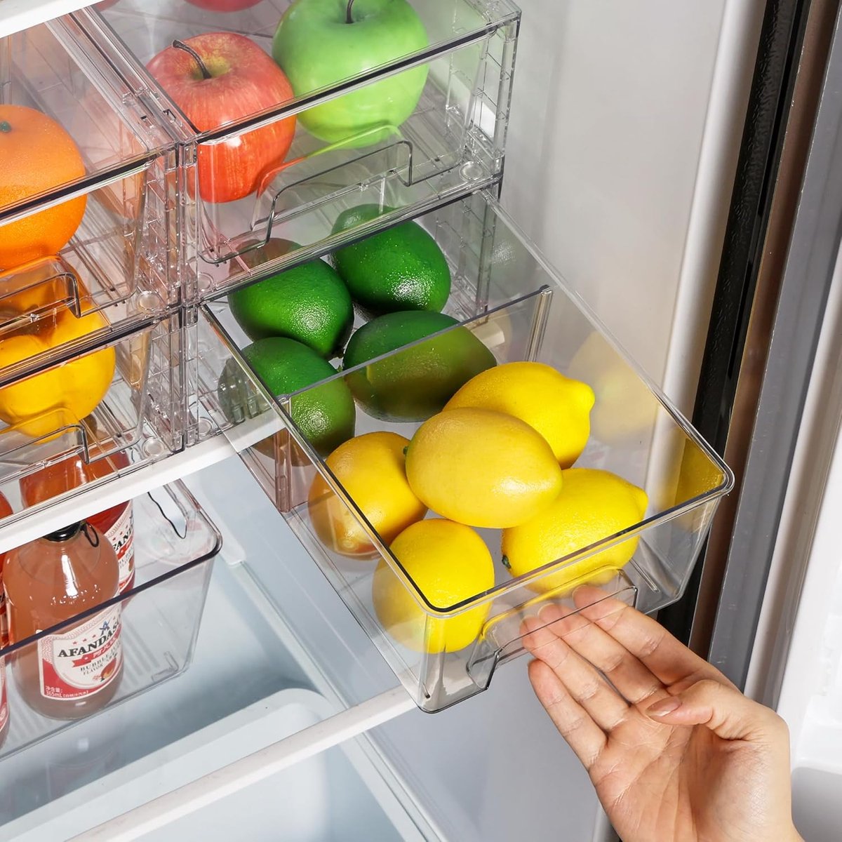 Famanu - Set van 4 stapelbare opbergladen, doorzichtige acryl ladeorganisatoren met handgrepen, gemakkelijk te monteren voor koelkast, badkamer, keuken ondergootsteen, kast, voorraadkast organisatie