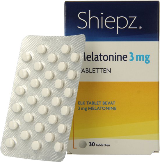 Verpakking met 30 tabletten van 3 mg melatonine. De verpakking bevat een doosje en een blister met tabletten.