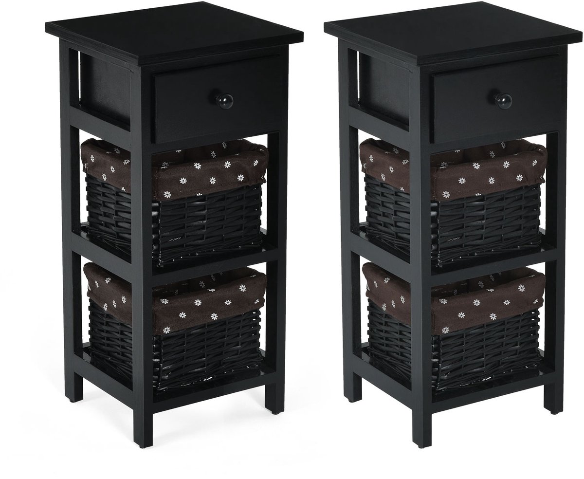 Costway (2 Stuks) Nachtkastje met Lade en 2 Opbergmanden Bijzettafel Rieten Dressoir Mand Commode Ladeblok Zwart