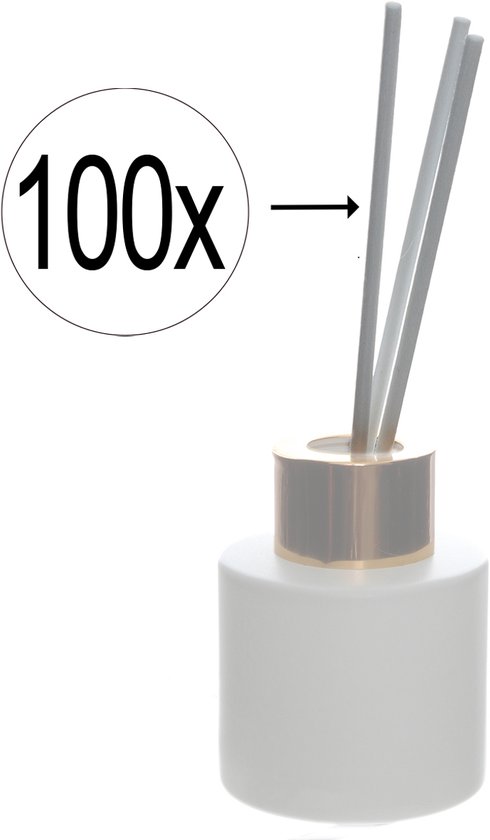 Witte geurdiffuserfles met gouden rand en 3 grijze geurstokjes. Cirkel met '100x' en pijl.