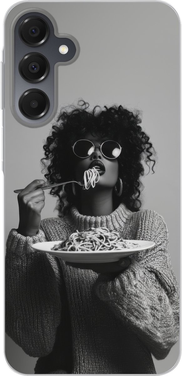 Telefoonhoesje Geschikt voor Samsung Galaxy A16 hoesje - Vrouw - Pasta - Zwart - Wit - Siliconen Telefoonhoesje Telefoonhoesje