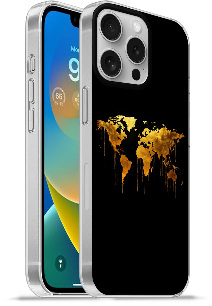 Telefoonhoesje Geschikt voor Apple Iphone 16 Pro hoesje - Wereldkaart - Goud - Druipen - Zwart - Siliconen Telefoonhoesje Telefoonhoesje