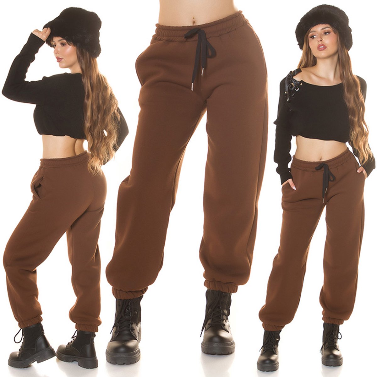 Koucla joggingbroek dames comfort hoge taille lounge broek bruin maat M