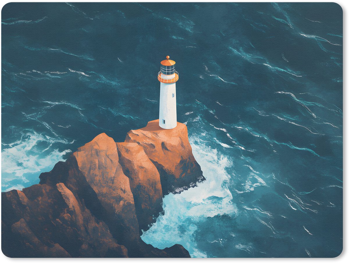 Muismat 23x19 cm - Mousepad Vuurtoren - Rots - Zee - Golven - Muismatten