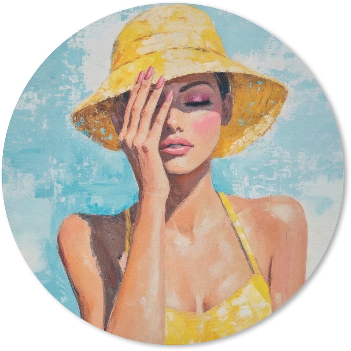 Muismat rond 20x20 cm - Mousepad Schilderij - Vrouw - Hoed - Geel - Ronde muismatten