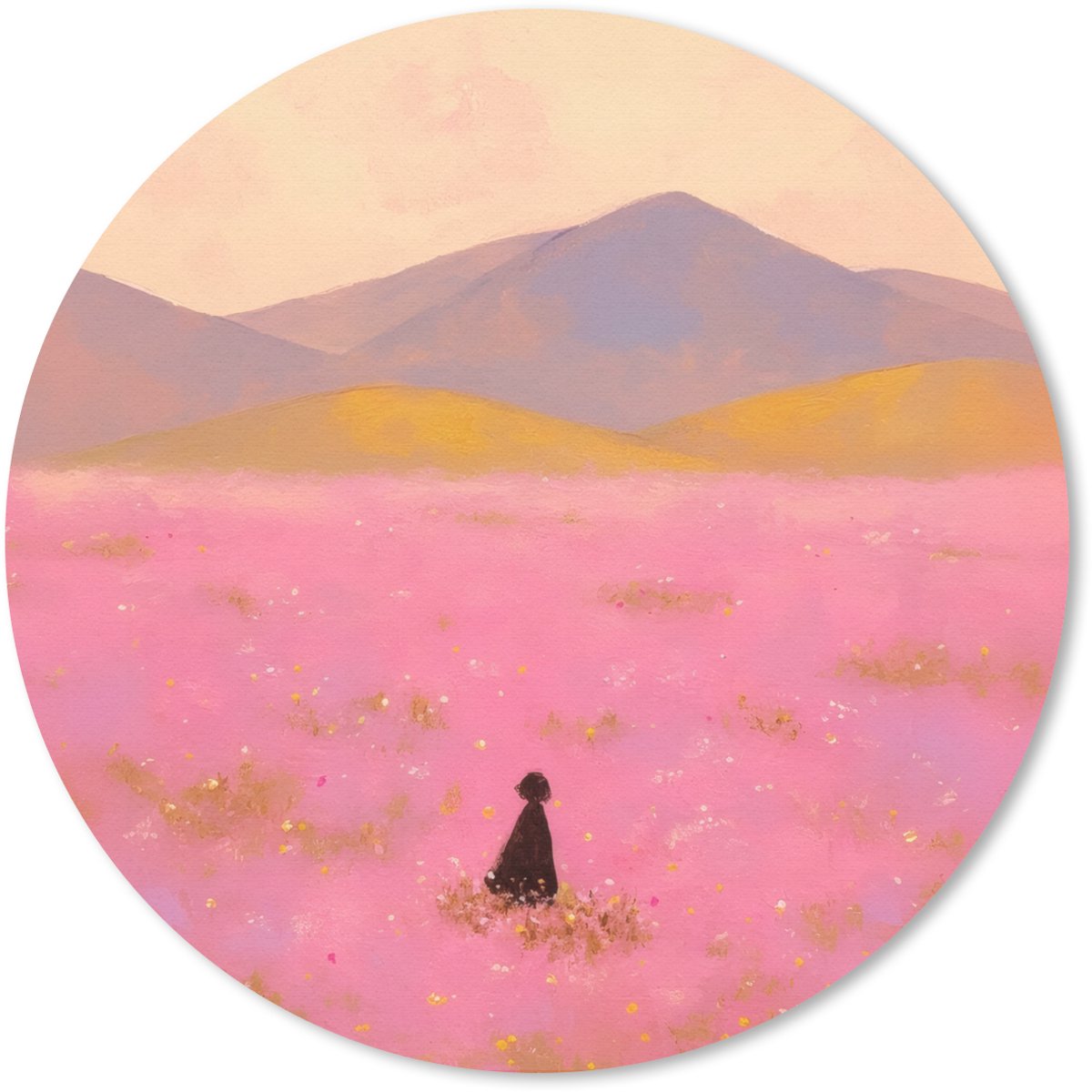 Muismat rond 30x30 cm - Mousepad Bloemenweide - Heuvels - Silhouet - Roze - Ronde muismatten
