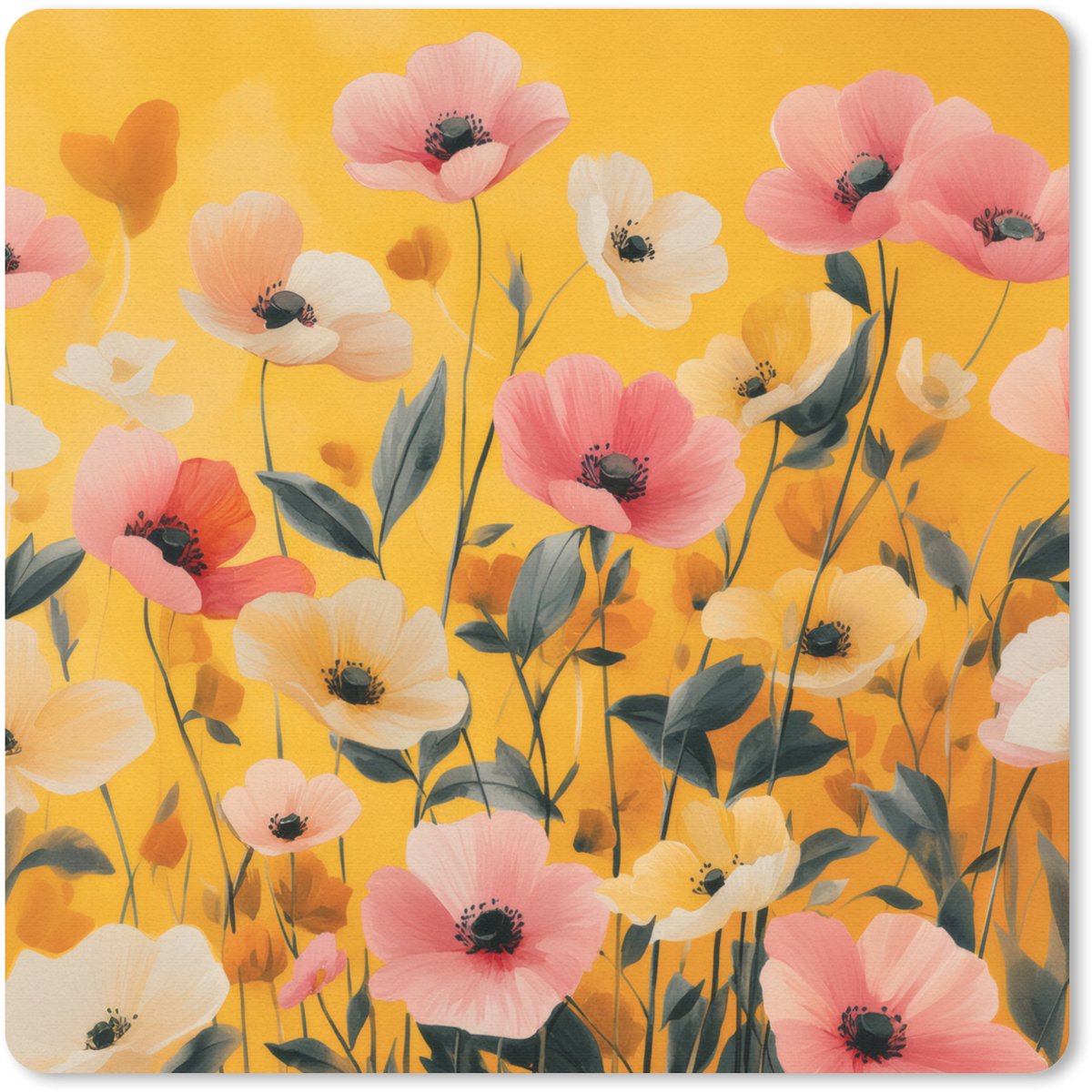 Muismat 20x20 cm - Mousepad Bloemen - Veld - Geel - Muismatten