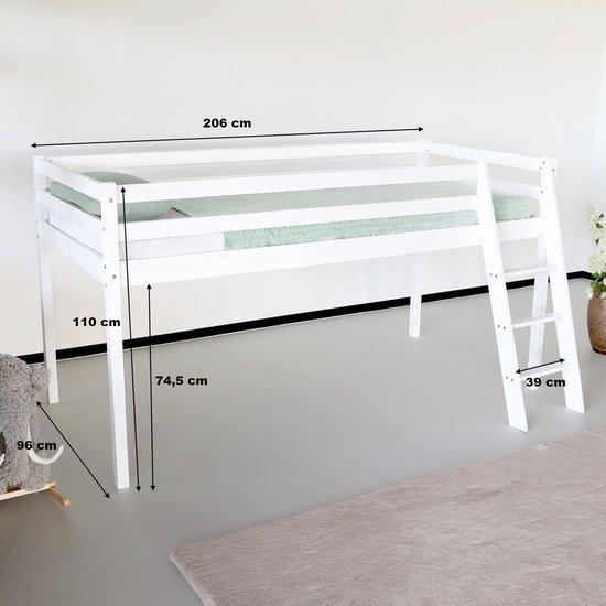 REKE Eveline Traverse semi-haute – Blanc – 200 × 90 cm avec sommier à lattes