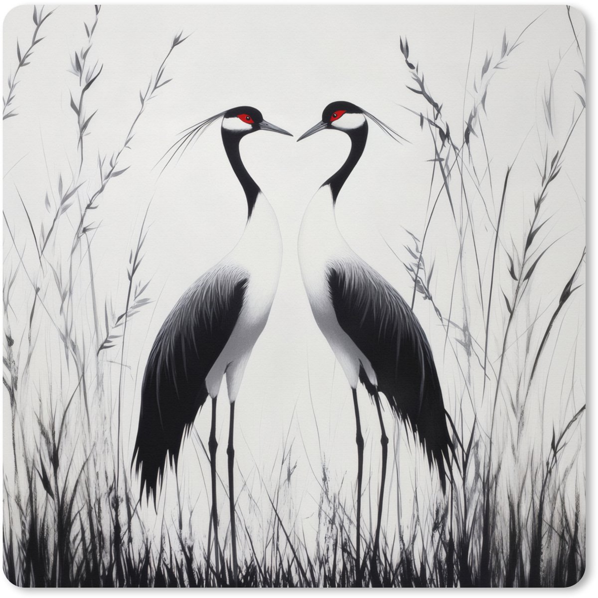 Muismat XXL 50x50 cm - Bureau onderlegger - Bureau mat Kraanvogels - Gras - Hartvorm - Zwart - Bureaumat - Gaming mousepad xl - Bureaulegger groot - Computer deskmat