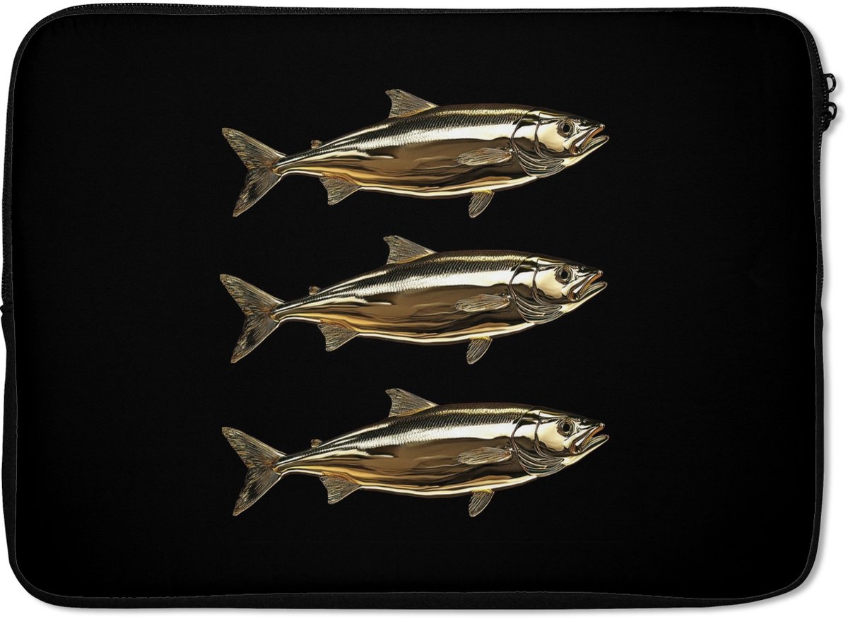Laptophoes 14 inch - Vissen - Goud - Zwart - Laptop sleeve - Binnenmaat 33x23 cm - Zwarte achterkant