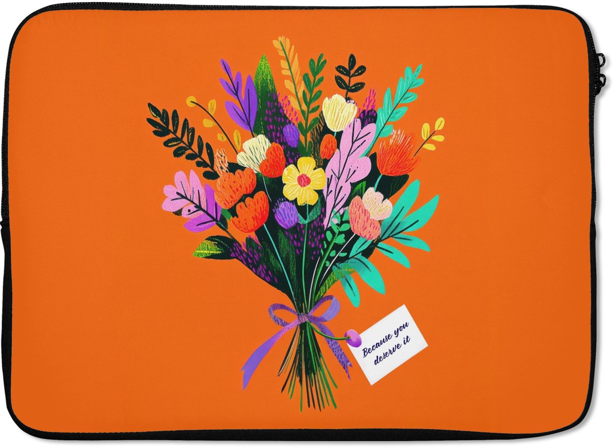 Laptophoes 14 inch - Kaartje - Boeket - Bloemen - Laptop sleeve - Binnenmaat 33x23 cm - Zwarte achterkant
