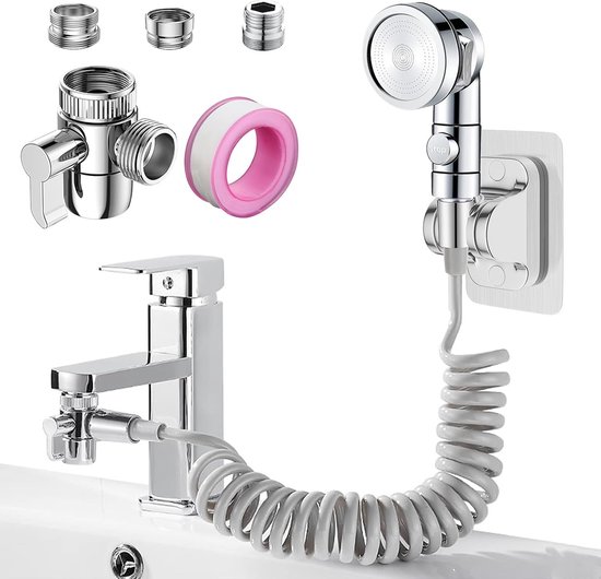 Pommeau de douche pour lavabo, douchette à main 3 modes pour lavabo avec tube télescopique 3M et adaptateur G1/2/M22/M24 pour lavage des cheveux, salle de bain et Cuisine(robinet non inclus)