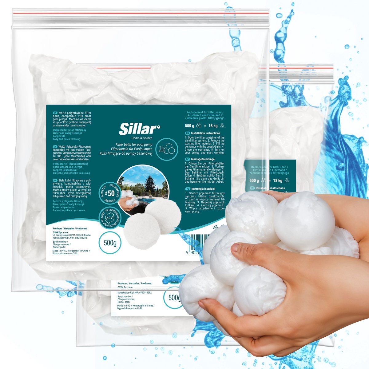 Sillar, Filterballen voor zandfilterpomp, zwembad, herbruikbaar, filterbollen geschikt voor zwembad pomp, 50mm, 1000g, set 2x 500g, wit – foto 6