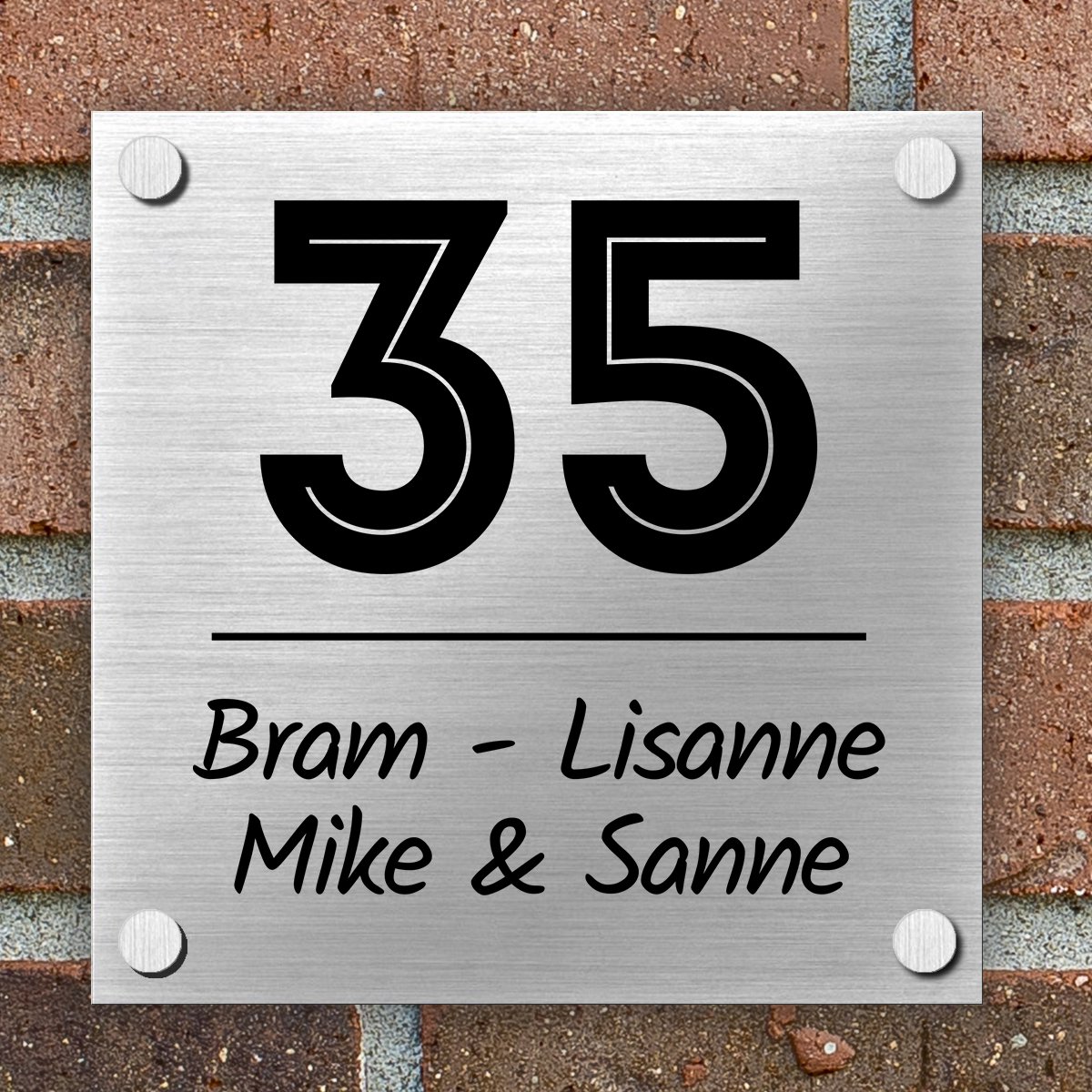 Naambordje voordeur - INLINE - Complete Set - Inclusief Gratis RVS Bevestigingsset met afstandhouders - 15x15 cm - Naambordjes Huis - Huisnummerbord - Bordje nummer - Huisnummer - Brushed Aluminium