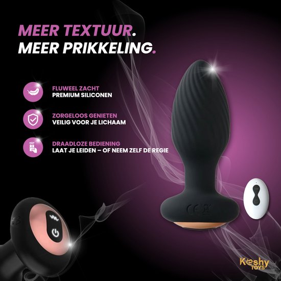 Zwarte, geribbelde anale stimulator en draadloze afstandsbediening met tekst.