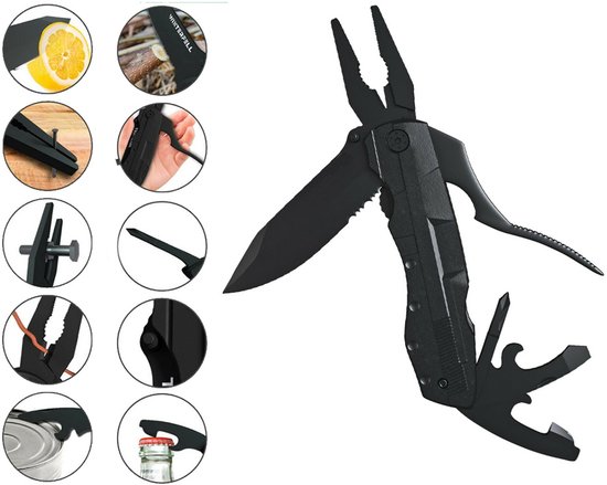 SIEPS Multitool Zakmes - 14-in-1 - Kampeer Zakmessen - Met Draagetui - Knife - Bitset - Zwart RVS